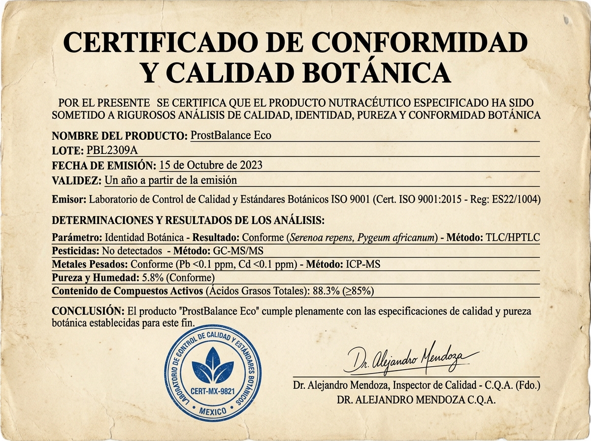 Certificado de Control de Calidad Botánica